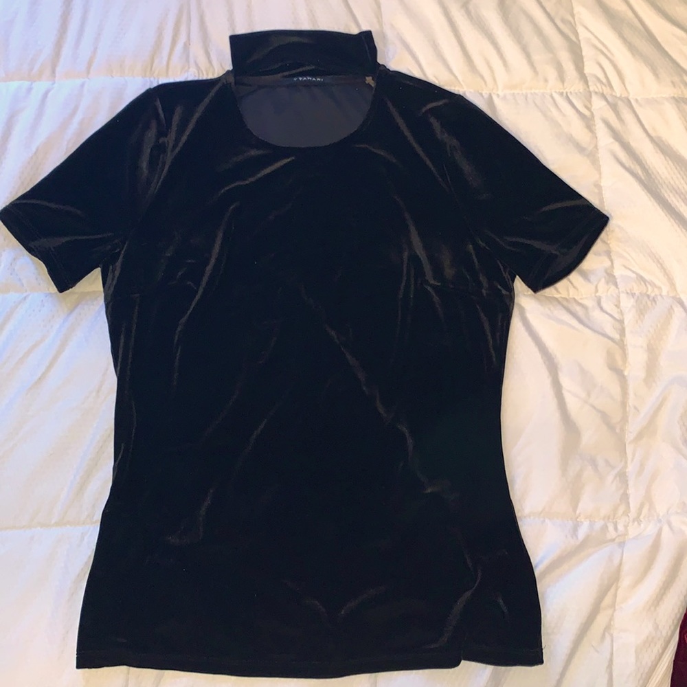 Tahari, M, short sleeve, mock neck, velvet, black, cutout